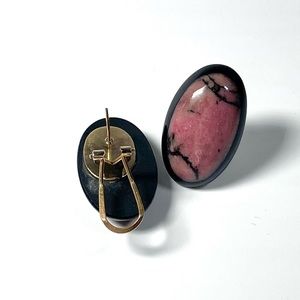 Vintage Rhodonite Stone Pink and Black Inlay Earrings